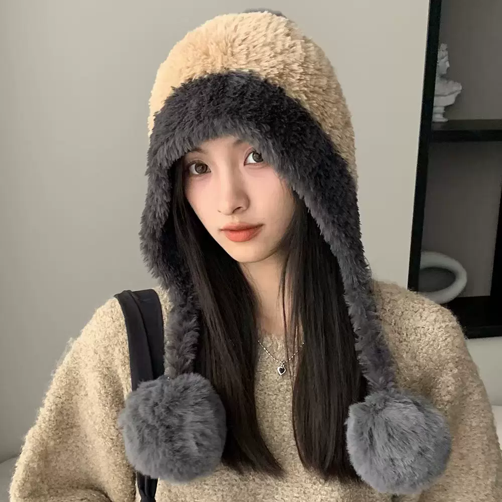 冬季防寒帽大头围毛绒挂球可爱护耳帽子女遮耳加绒加厚拼色针织帽