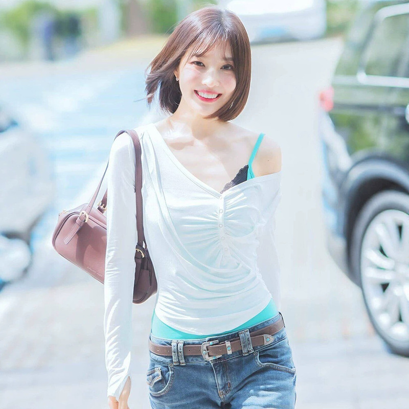 Now Available: H Joy Park Soo-Young's Same Style Tencel Asymmetrical Shoulder Ruched Long-Sleeve T-Shirt for Women, Summer Layering Lace Patchwork Camisole Now Available: H Joy Park Soo-Young's Same Style Tencel Asymmetrical Shoulder Ruched Long-Sleeve T-Shirt for Women, Summer Layering Lace Patchwork Camisole
