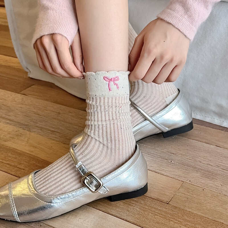 Socks Women's Spring and Summer Thin Breathable Bow Embroidered Middle Tube Cotton Socks Ins Fashionable Point Yarn Lace Stack Socks