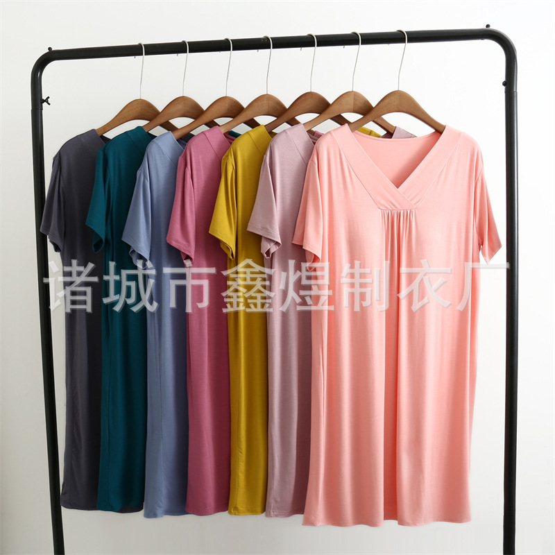 Women's Modal Padded Nightdress Summer Plus Size Loose Dress V Neck Mid-Length Skirt A-Line Skirt Thin Home Skirt