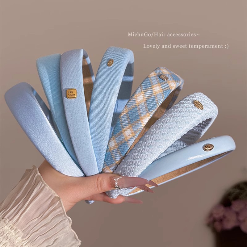 Diadema de esponja a cuadros azul, diadema de cabeza alta para mujer, diadema de cabeza alta, todo fósforo de verano, toalogas de horquilla para salidas diarias