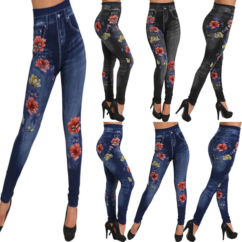 Europe and the United States hot-selling seamless flower printing imitation denim leggings fashion hip tight pants batch