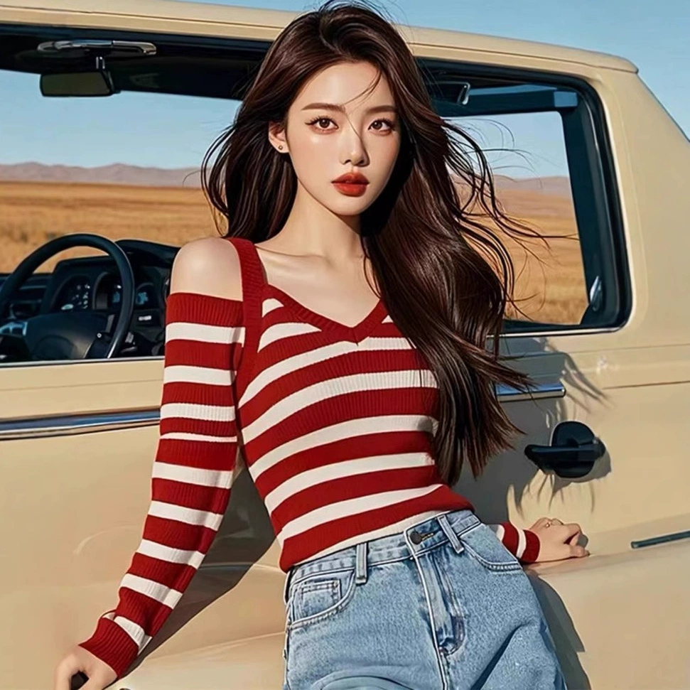 Трансграничный 2025 новый весенний и осенний сексуальный дизайн с открытыми плечами топ красный полосатый трикотаж женский длинный рукав