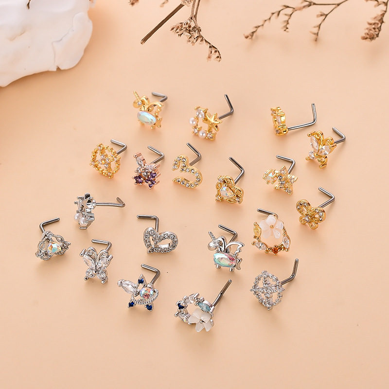 Fashion Heart Shape Butterfly Stainless Steel Copper Plating Inlay Zircon Nose Studs 1 Piece display picture 5