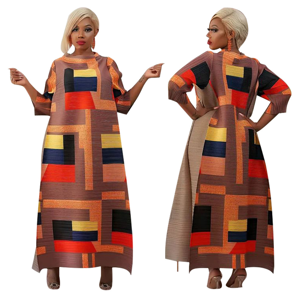K10500 ropa de mujer de moda transfronteriza europea y americana miyake popular cuello redondo impreso vestido plisado nuevo image 4