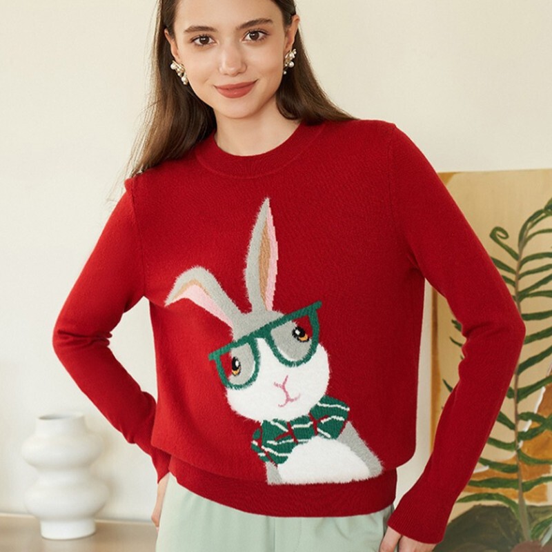 Gejia's New 2024 Autumn and Winter Cartoon Jacquard Cashmere Knitted Bottoming Shirt Age-Reducing Red Animal Year Rabbit Sweater