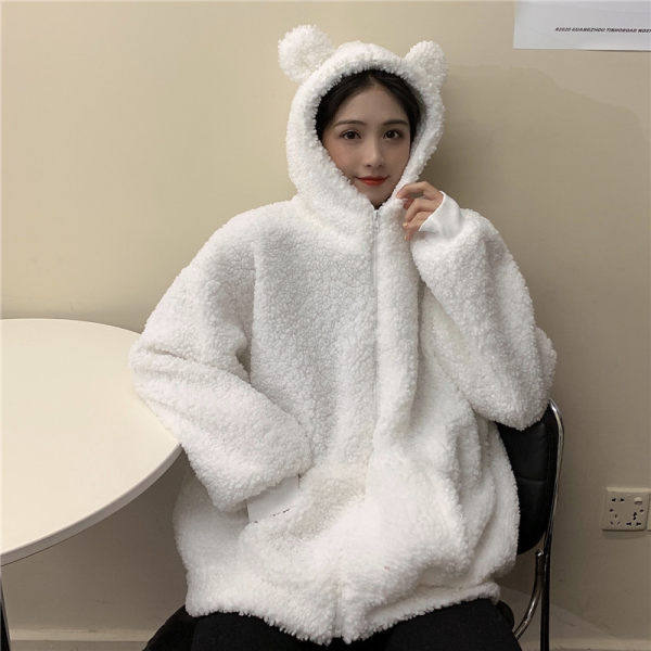Orejas de oso con capucha lana cordero engrosada Otoño Nuevo suéter lindo Las Mujeres Pequeño abrigo estilo la universidad superior