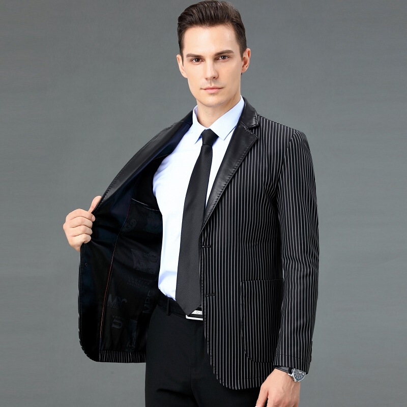 2024 Autumn/Winter Haining Sheepskin Men's Suit Casual Leather Jacket Men's Suit Collar Single-Breasted Striped Leather Jacket Coat