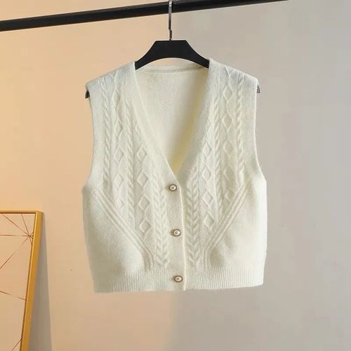 Cardigan vest for women, suitable for spring and autumn, versatile V-neck single-breasted short-sleeve sweater, interlocking stitch, paired with a plain jacket.
