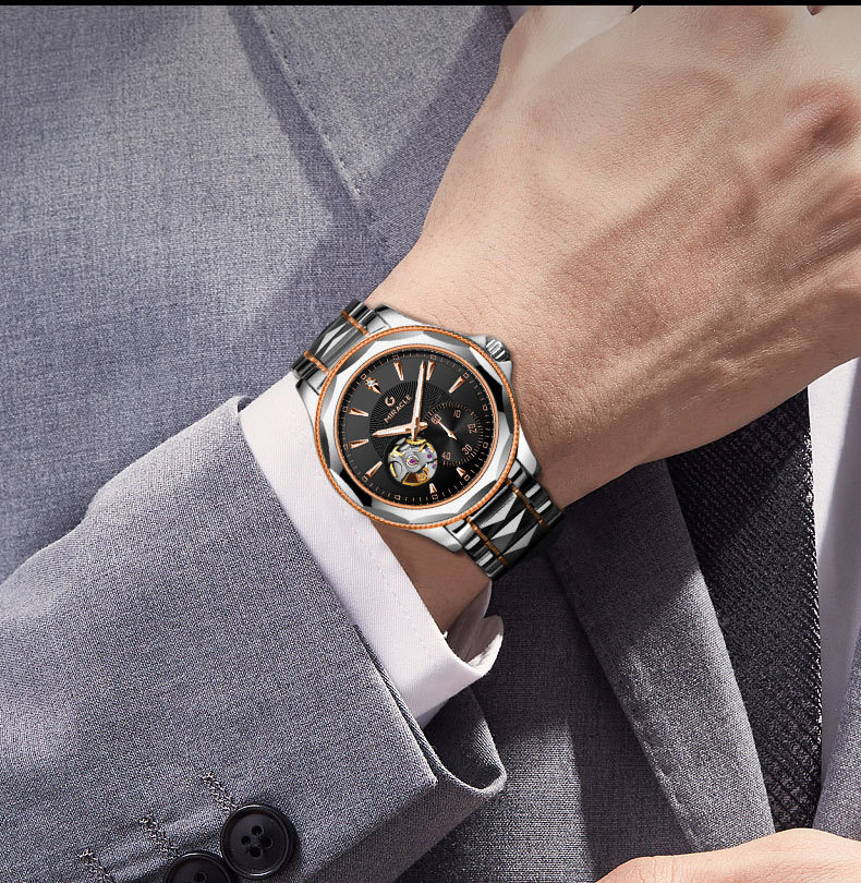 Đồng hồ nam automatic lộ máy dây thép không gỉ mặt số đen — Thắt lưng thép hoa hồng 9018 hình tròn màu đen chi tiết 5