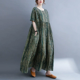 跨境复古文艺短袖连衣裙宽松大码女装胖妹妹印花遮肉坠感过膝长袍