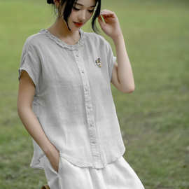 2026夏季新款苎麻无袖小衫女文艺简约花边领衬衫开衫百搭纯色上衣