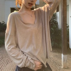 薄手のvネック長袖tシャツ女性の夏はゆったりしていて、だらだらしています。