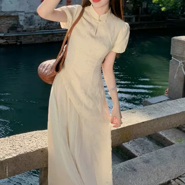 新中式气质盘扣旗袍连衣裙女2025夏季新款优雅收腰显瘦绝美长裙子
