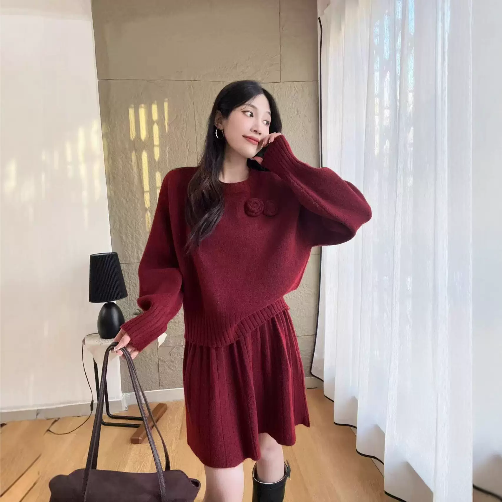 秋冬针织衫套装女新款慵懒风宽松高级感手工花朵毛衣百褶裙两件套