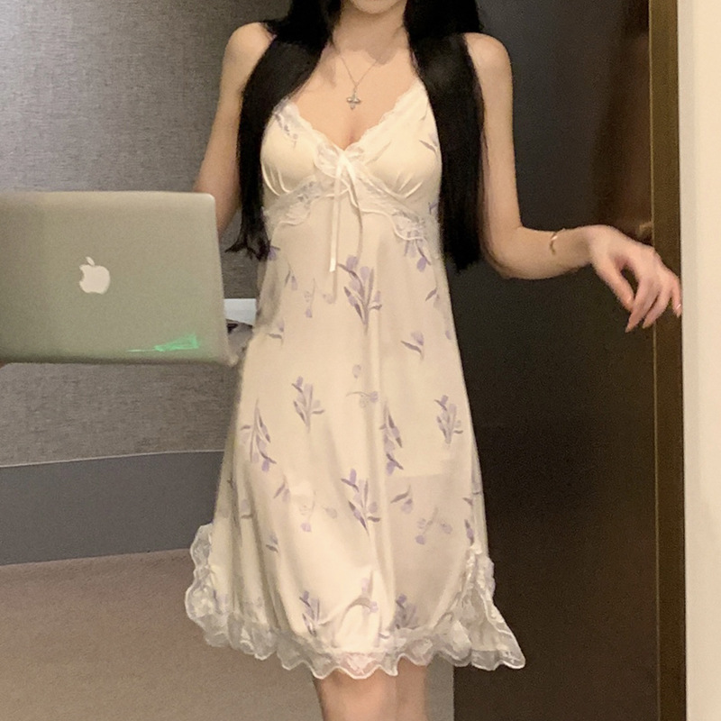 Summer Threaded Ice Silk Sexy V Neck Suspender Nightgown for Women Thin Pure Lust Style Lace Home Dress