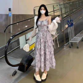 法式灰色扎染吊带连衣裙清冷感仙气仙女裙百搭绑带中长裙子女