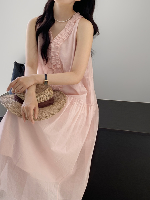 江左韓国スタイル怠惰なスタイルスカート V ネックドレス女性の夏の菌カジュアルノースリーブベストロングスカート 1575|undefined
