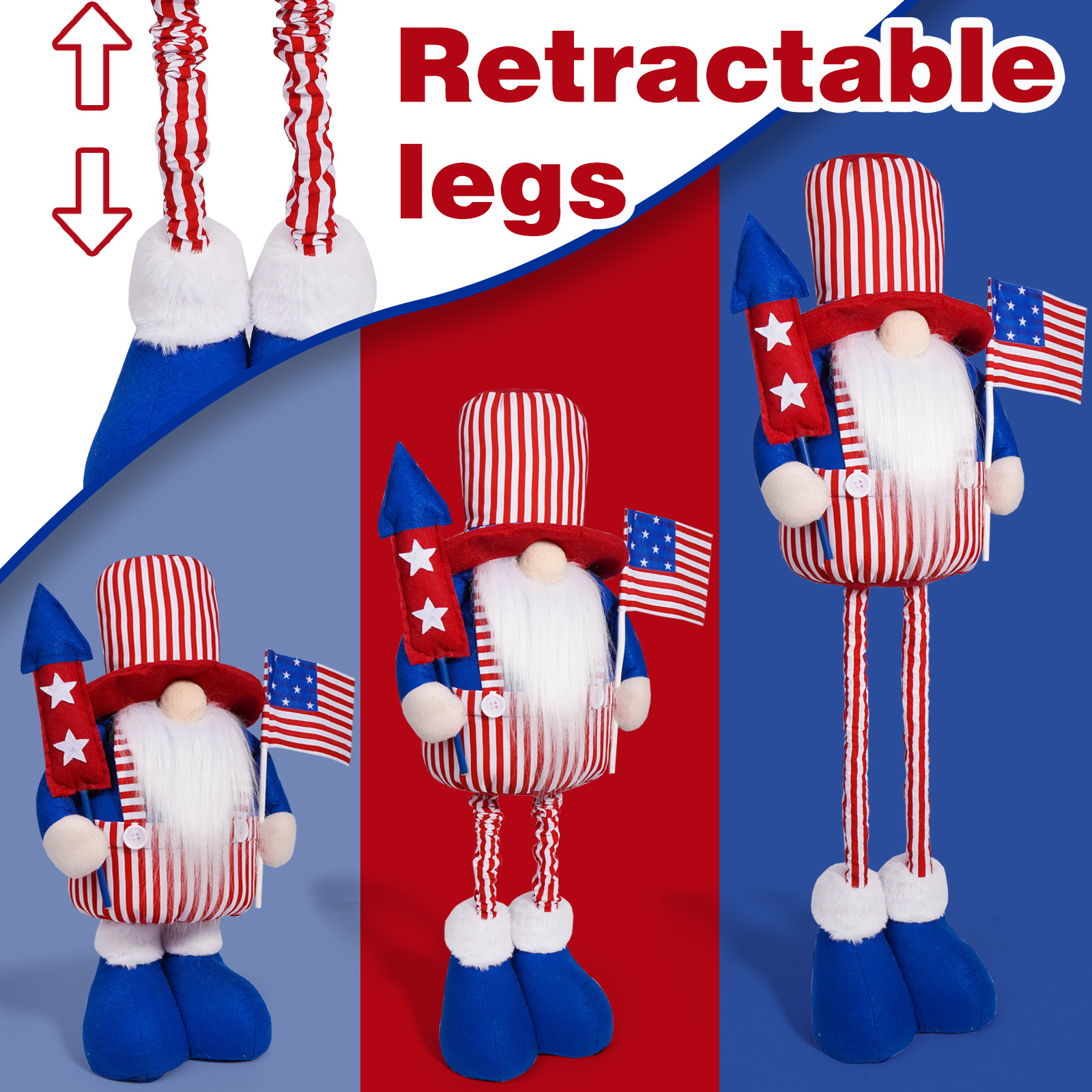 Día de la Independencia transfronterizo bandera de Estados Unidos muñeca sin cara de pie retráctil muñeca enana decoración
