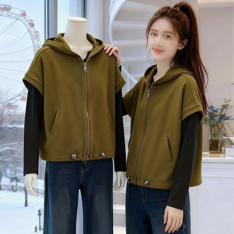 Simple and stylish women's cardigan top, 2026 spring new model, hooded, simple solid color design, plus size vest Simple and stylish women's cardigan top, 2026 spring new model, hooded, simple solid color design, plus size vest