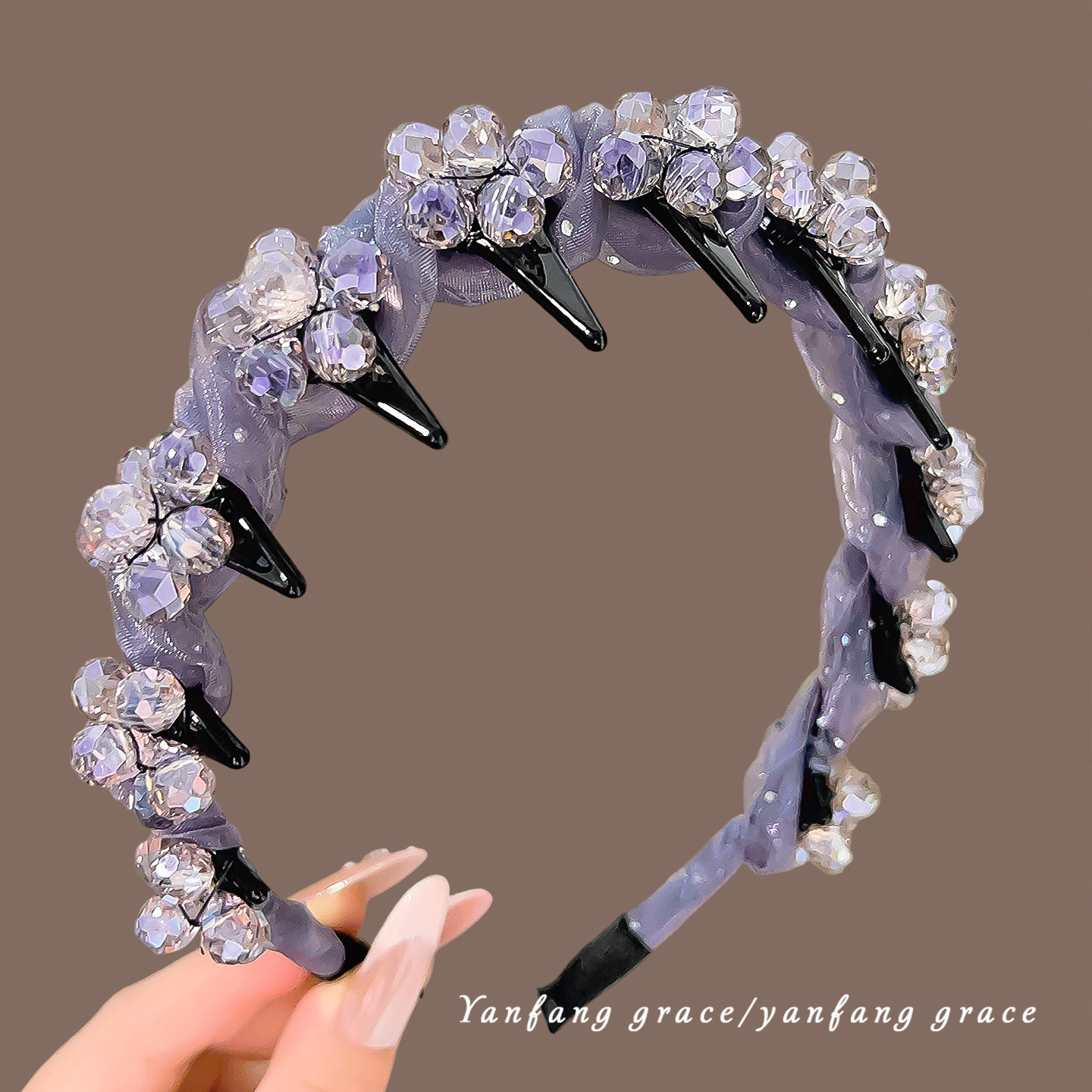 Purple pink mesh hot diamond crystal flower headband
