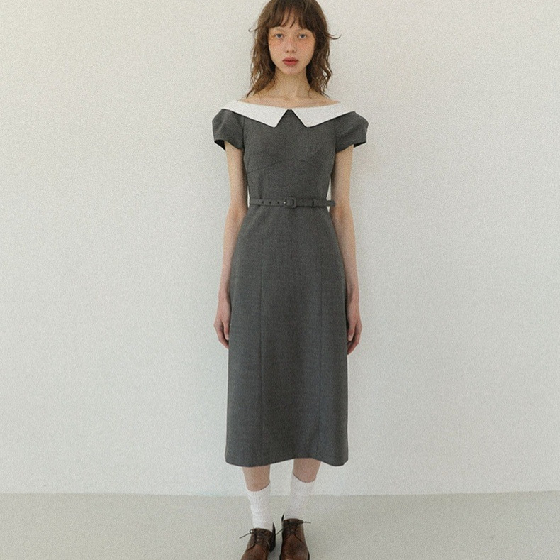 Clearance Sale, No Returns or Exchanges, 2026 Summer New Korean Dongdaemun Fl*Tta Collared Short-Sleeve Waist-Cinching Mid-Length Dress