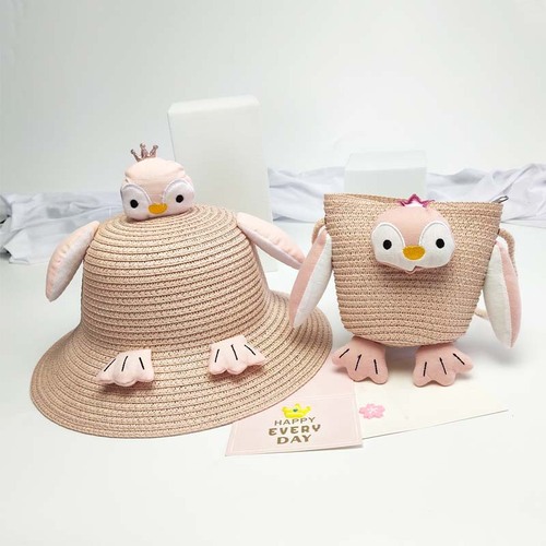 Summer Children's Straw Bag  New Crossbody Penguin Round Bag Mini Coin Purse Beach Bag Hat