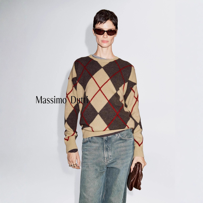 Autumn and Winter New Style Massimodutti2026 Women's College Retro Diamond Pattern Round Neck Sweater Long-Sleeved Knitwear Autumn and Winter New Style Massimodutti2026 Women's College Retro Diamond Pattern Round Neck Sweater Long-Sleeved Knitwear