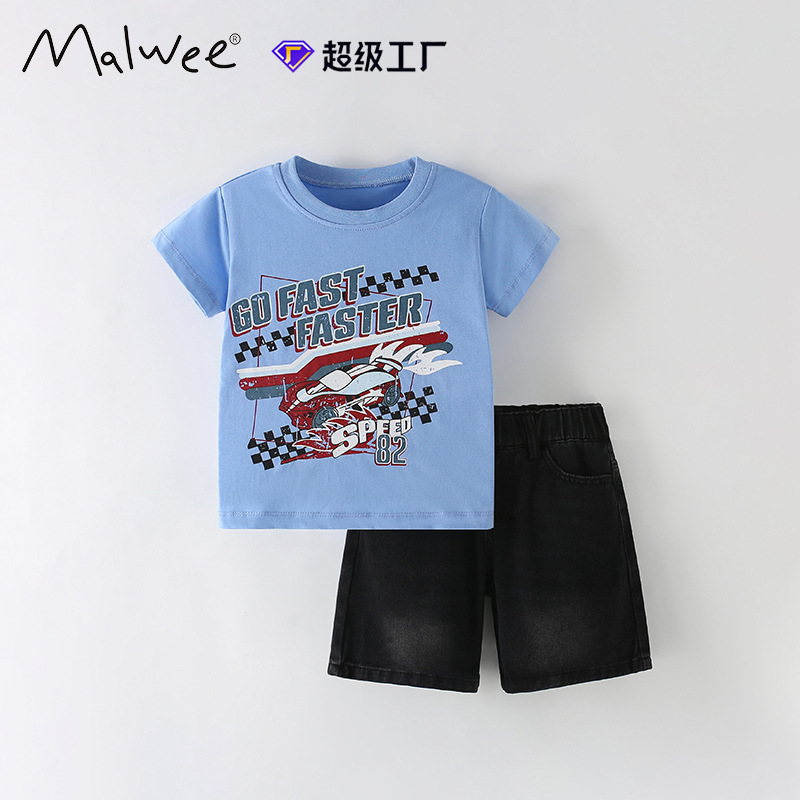 Traje de niño malwee transfronterizo verano nuevo estilo europeo y americano para niños pequeños y medianos camiseta de manga corta con cuello redondo jeans para niños
