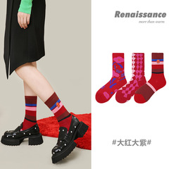 文藝復興原創新年款格子大紅大紫襪子女中筒女襪無骨精梳棉女襪