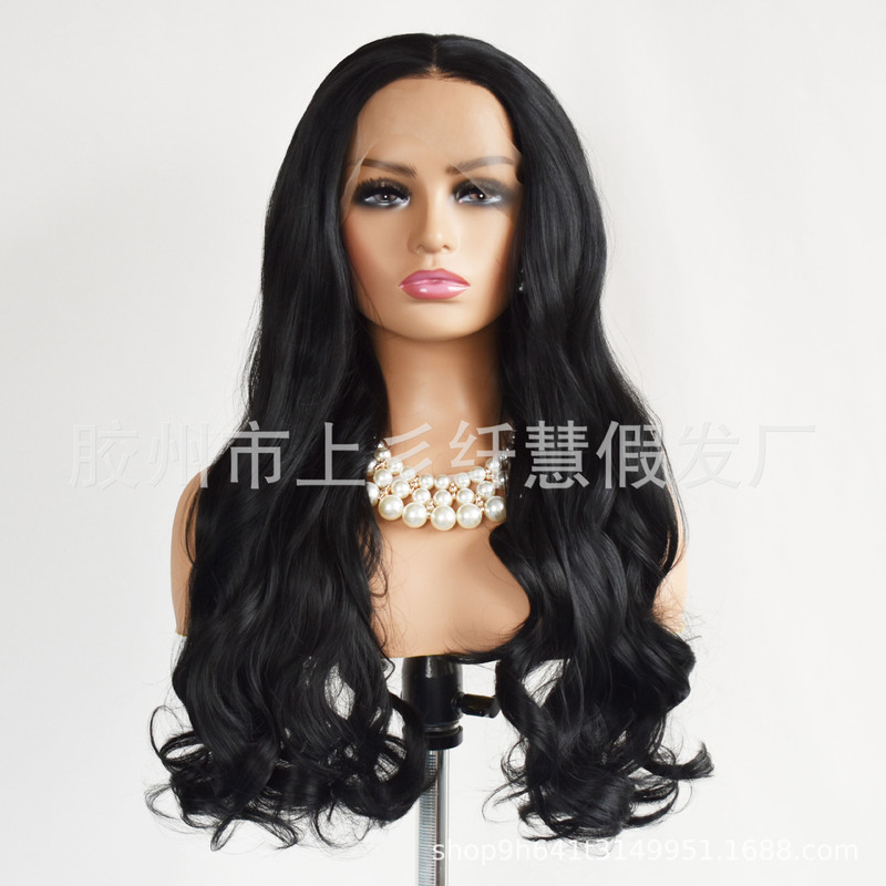 Manufacturer Wholesale Wig Women's Front Lace Chemical Fiber Headgear European and American Fashion Black Matte High Temperature Silk Long Curly Hair