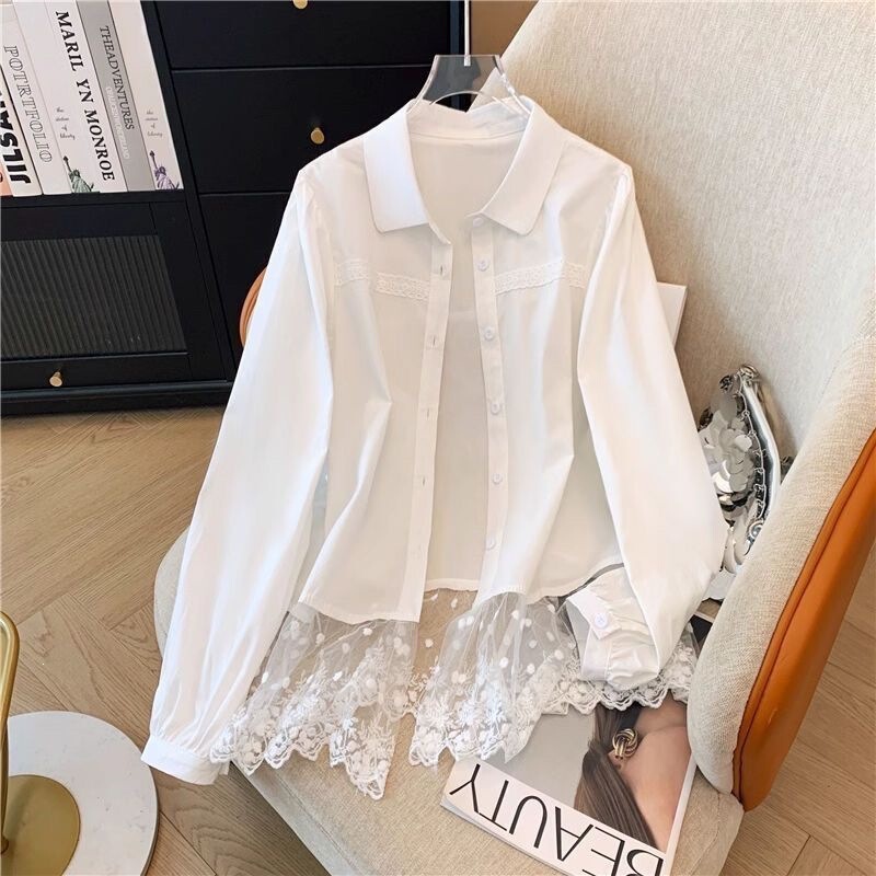 Korean-style design lace-trimmed hem white shirt for women, perfect for layering, long-sleeved French-style stunning spring top with off-shoulder design Korean-style design lace-trimmed hem white shirt for women, perfect for layering, long-sleeved French-style stunning spring top with off-shoulder design