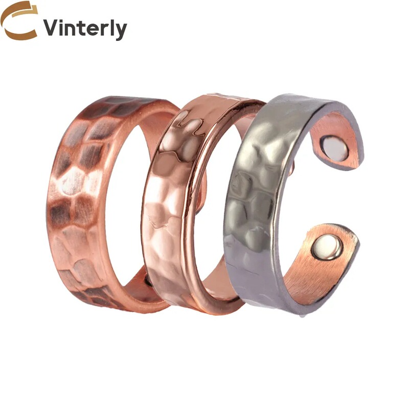 Pure Red Copper Ring with Magnet, 6mm Purple Copper Magnetic Wave Hammer Pattern Adjustable Ring, Cross-Border E-Commerce Dropshipping