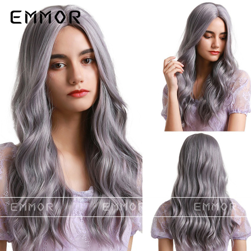 Mediados de longitud de pelo largo rizado gran ola moda púrpura de alta temperatura de seda multi-color de Europa y América Cosplay peluca mujer peluca Peluca de cabeza completa