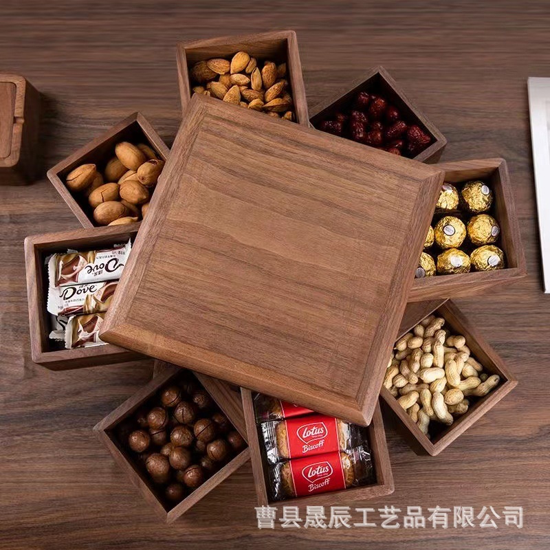 Retro de madera sala de estar caja de fruta seca giratoria fruta merienda plato tarde té caramelo galleta tuerca caja