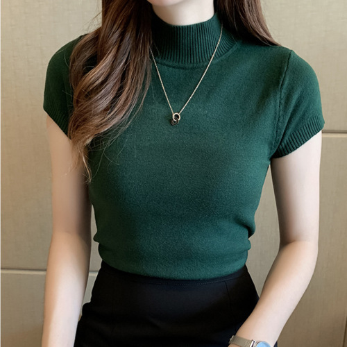 Half-high neck, half-sleeve knitted sweater for women—summer base layer, slimming innerwear, short vest-style top perfect for wearing alone or over other pieces.