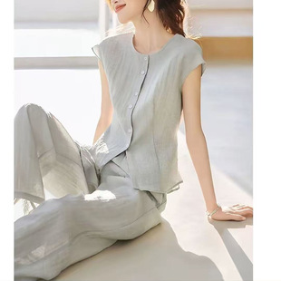 2025 Summer New Versatile Fashion Round Neck Relaxed Slimming Sleeveless Top and Pants Two-Piece Set Other