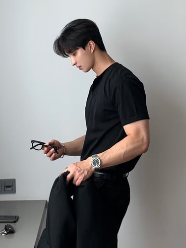 American heavy short-sleeved men's polo shirt mature stable tight cuffs fitness sports casual t-shirt summer Henry collar