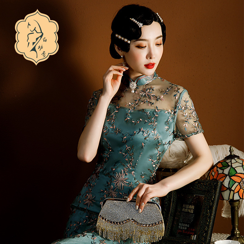 hunter green quinceanera dresses Modern Chinese Qipao, Cheongsam Dress, Kneelength Green Qipao, Evening Dress, Spring color, Floral prints, gift for her XL main image 1