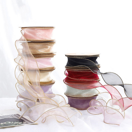 Gold edge fish tail silk ribbon polyester yarn 4cm 10 yards flower bouquet flower knot cake box gift box bow knot