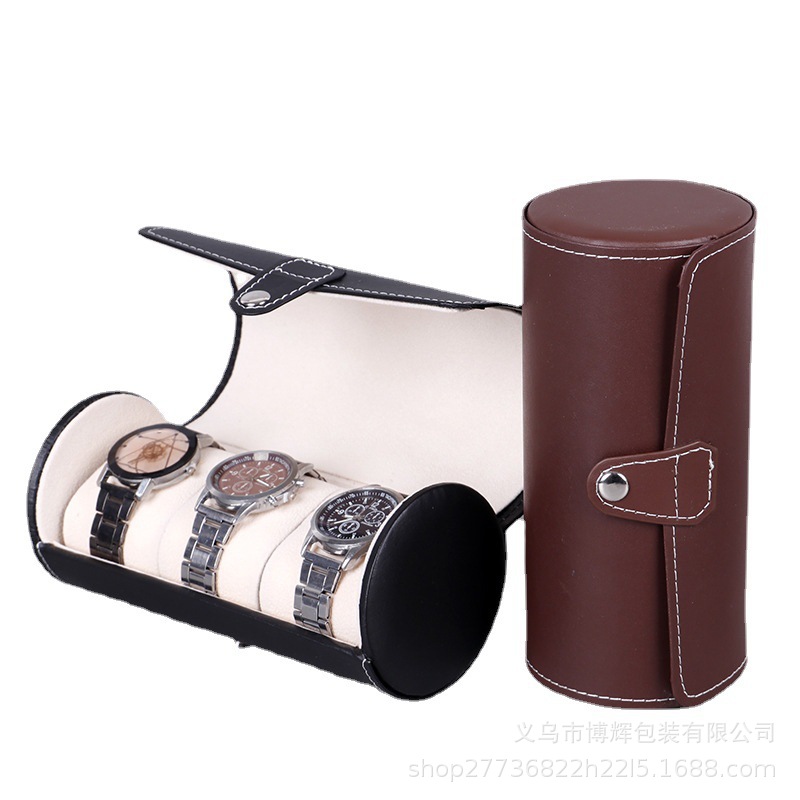 in stock wholesale 3 cylinder watch box round jewelry storage box pu leather watch box watch packaging box