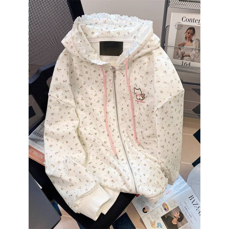 Lace Edge Cute Cat Embroidered Hooded Sweatshirt for Women Autumn and Winter Fleece-Lined Thickeneded Sweet Floral Loose Cardigan Jacket