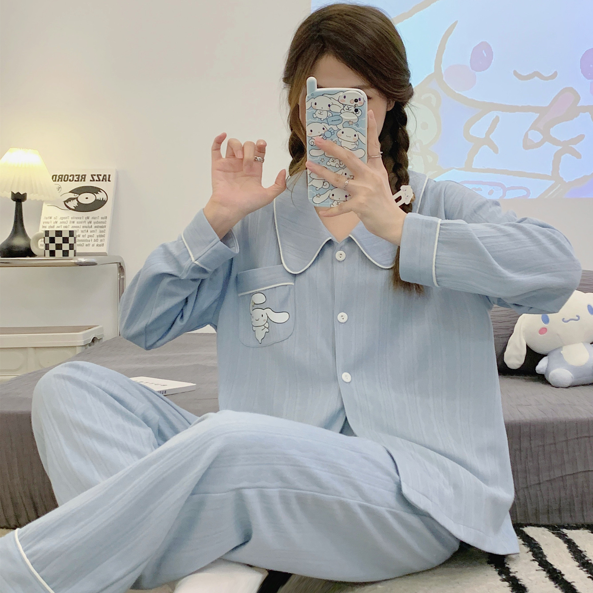 Internet Celebrity pijamas azules de alto grado algodón jacquard peinado de las mujeres Otoño e Invierno de manga larga cardigan linda chica dulce traje de desgaste para el hogar