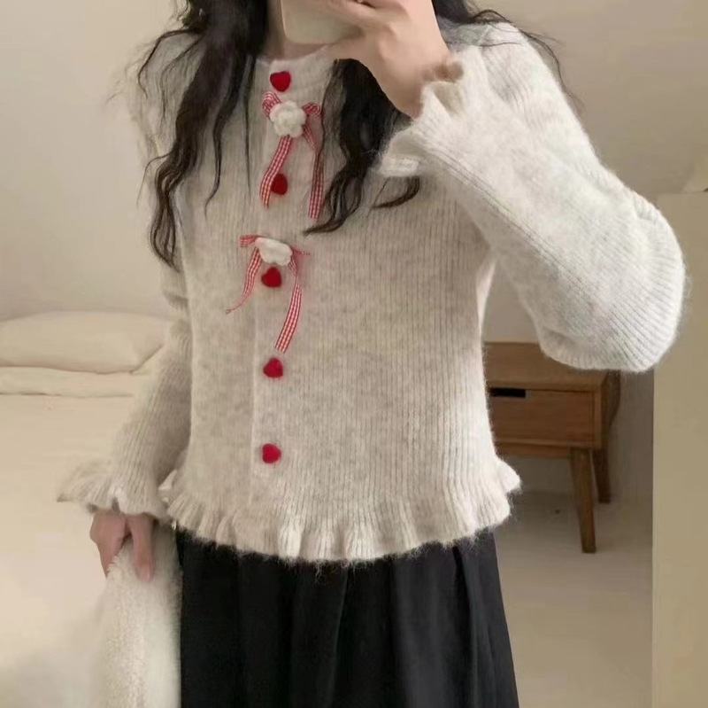 慵懒风木耳边蝴蝶结长袖针织开衫女秋季设计感花朵毛衣上衣外套|undefined