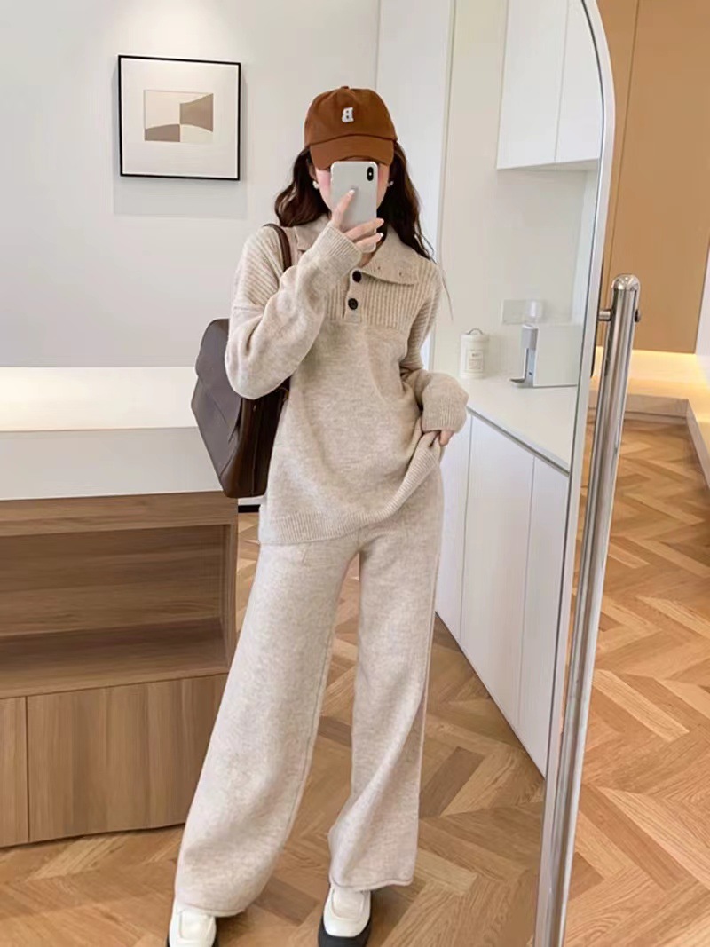 Herbst und Winter neuer Anzug lässiger Pullover Polokragen Strickpullover weite Beinhose zweiteiliges Set für Damen_voghion.com