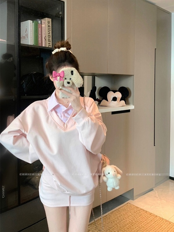 甜美学院风条纹拼接翻领假两件卫衣半身裙女2025秋季新款时尚套装|undefined