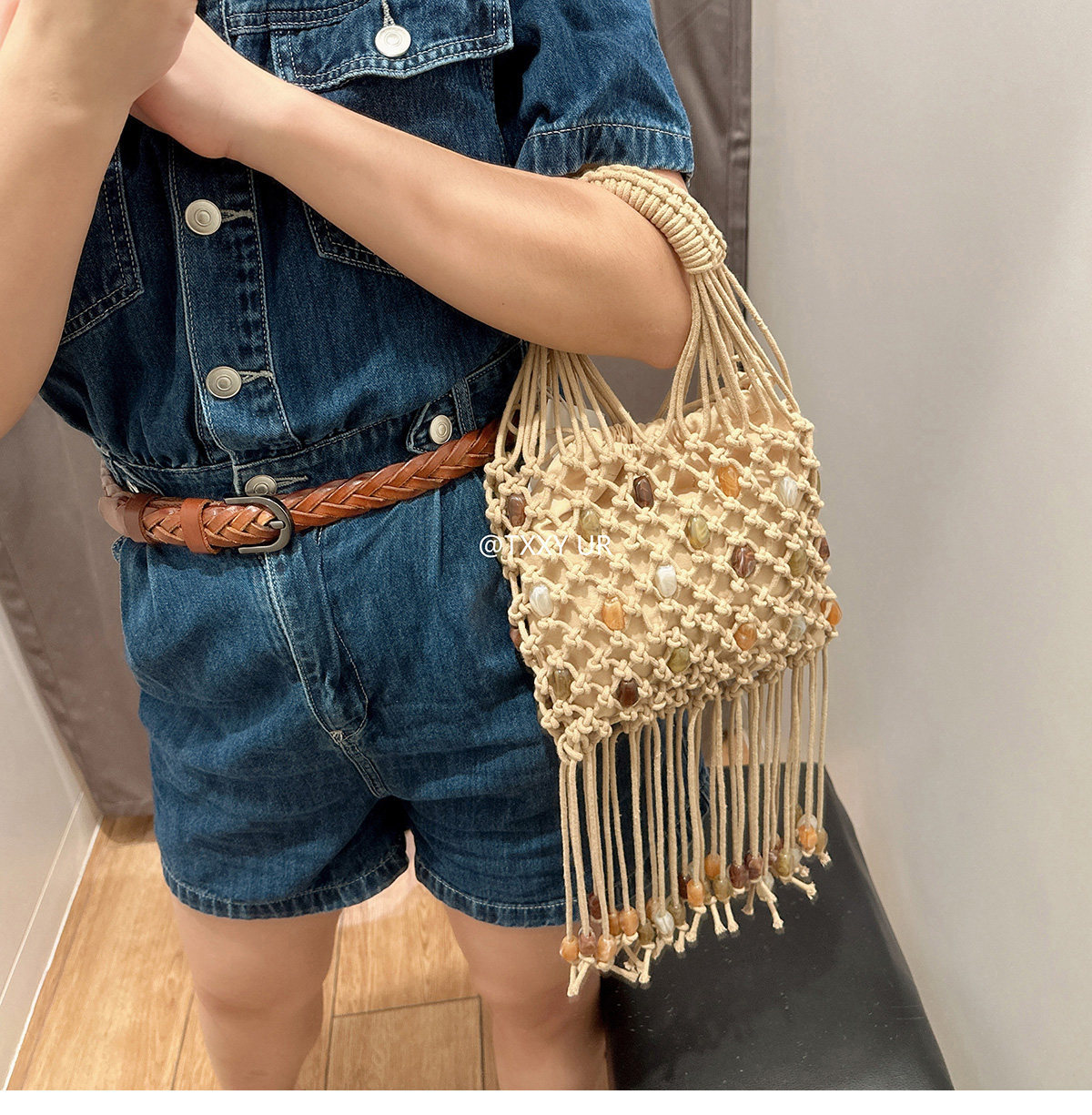 Túi xách tay nữ tua rua đính cườm lưới dệt phong cách thời trang — màu kaki chi tiết 8
