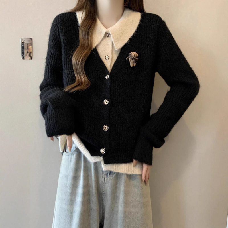 美拉德咖色翻领正肩毛衣外套女2025春秋款大码胖mm假两件针织开衫|undefined