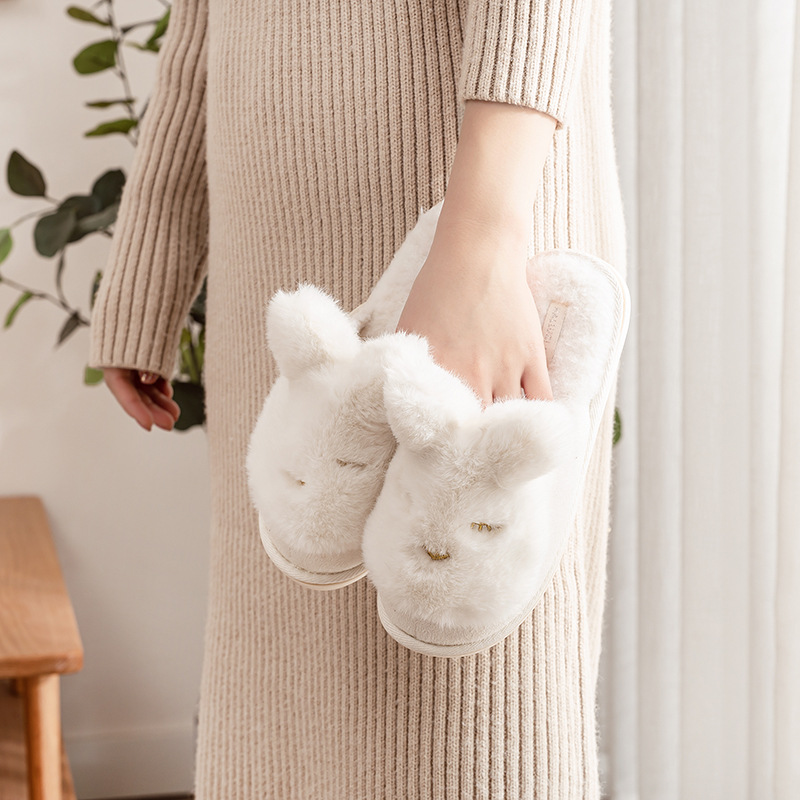 新品日韩系家居时尚保暖拖鞋冬天可爱毛绒兔子平底舒适棉拖鞋女