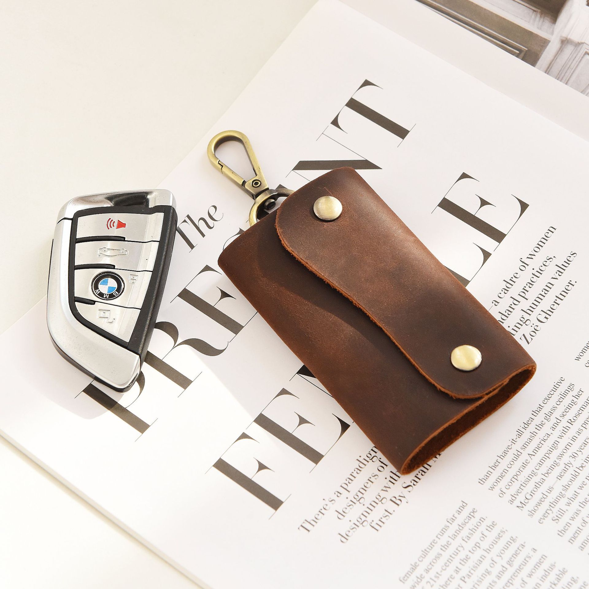 Men's Retro Handmade Genuine Leather Key Case, Crazy Horse Top-Grain Leather Buckle Key Pouch, Large Capacity, Multifunctional, Wholesale